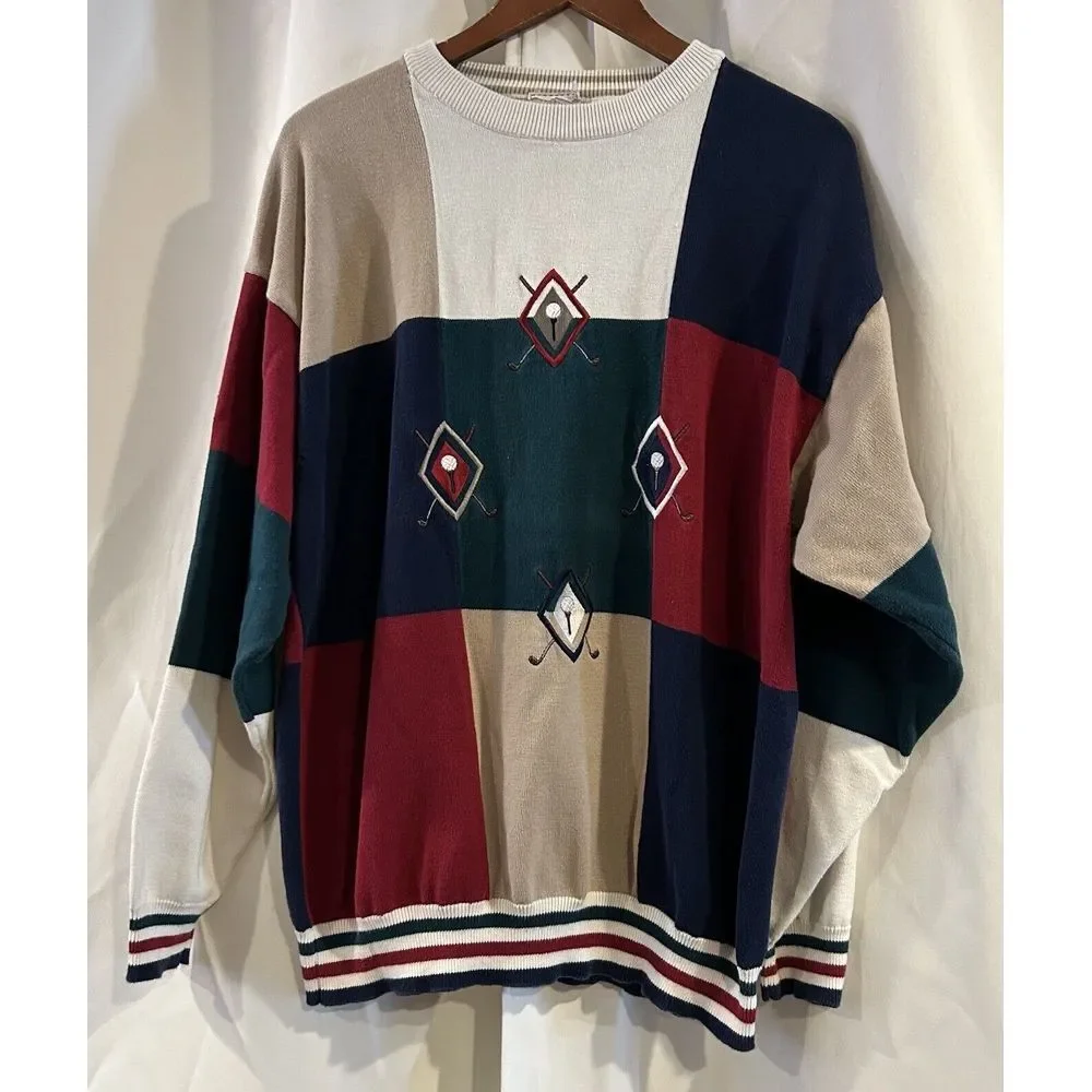 VINTAGE COTTON‎ TRADERS Sweater Mens XL Color Block Embroidered Golfer Grandpa